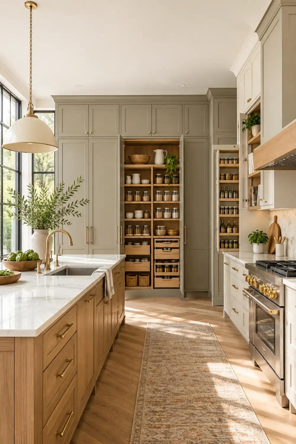 Modern kitchen featuring floor-to-ceiling custom cabinets, organized pantry shelves, pull-out storage drawers, warm wood finishes, and elegant brass hardware.