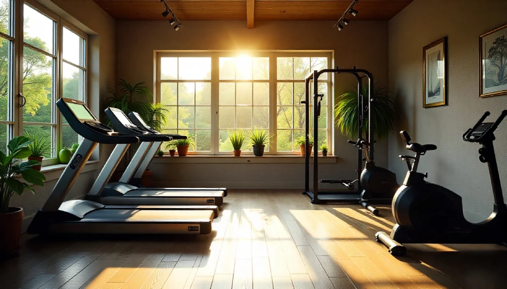 Home Gym Meteorology Shop Evaluate Fitnara: The Scientific Approach to Equipment Selection Modern home gym with treadmills, exercise bike, and strength equipment in sunlit room with large windows, plants, and wooden floors