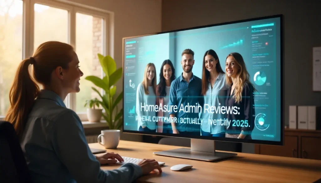 Illustration showing users reading homeassure admin reviews on a laptop, symbolizing customer feedback, service quality, and trust insights.