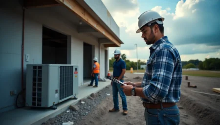 Technicians inspecting HVAC units during a building project, showcasing expert Hvacinriverview.com AC Installation services for businesses and homes.