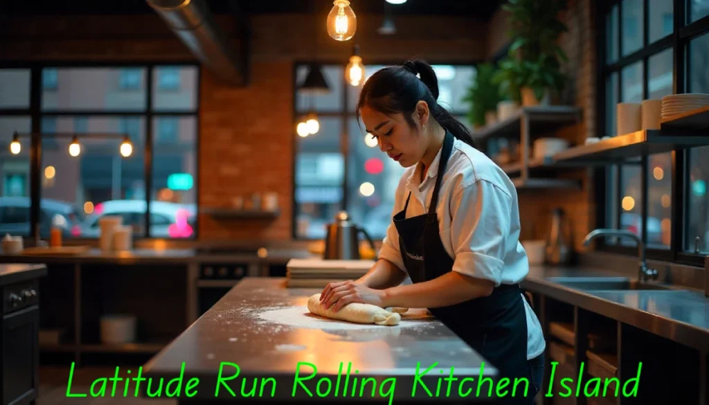 Modern latitude run rolling kitchen island with storage shelves, drawers, and wheels, styled in a bright kitchen for convenience and elegance.
