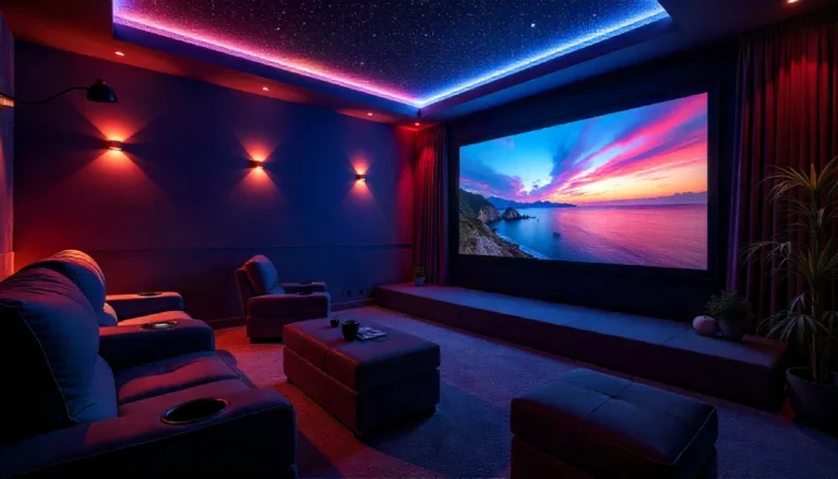 Modern home theater with ambient LED accents and cinematic setup showcasing lighting solutions for every home lumolog for style and comfort.