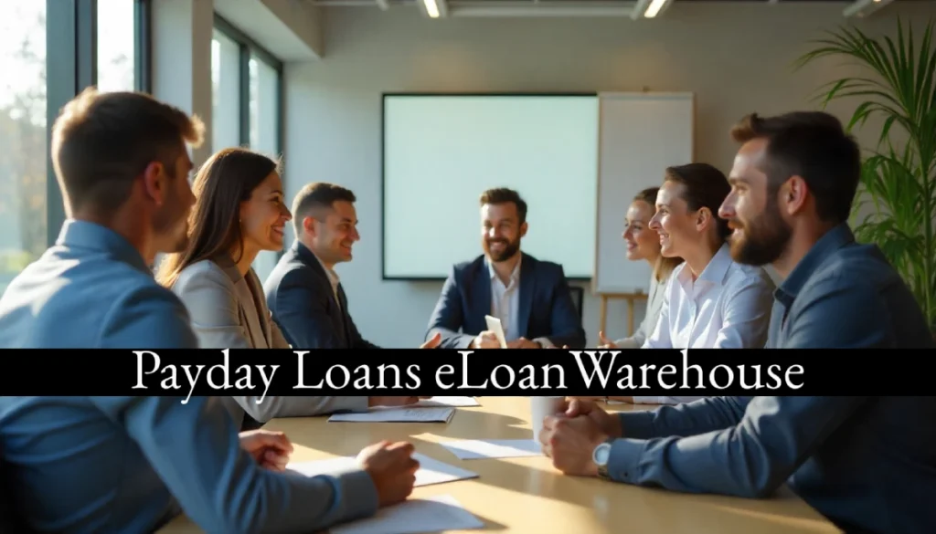 A group of professionals in a bright office discussing financial solutions, representing payday loans eloanwarehouse services for quick and reliable cash support.