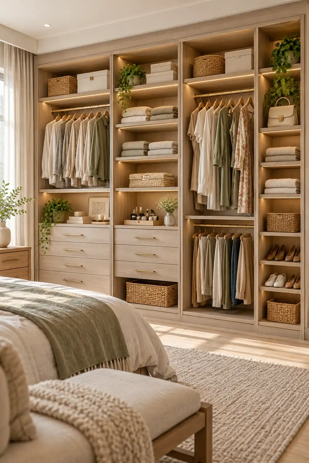 Custom bedroom wardrobe cabinet system with built-in shelves, drawers, hanging sections, folded clothes, shoe storage, and warm wood finishes in a stylish neutral bedroom.