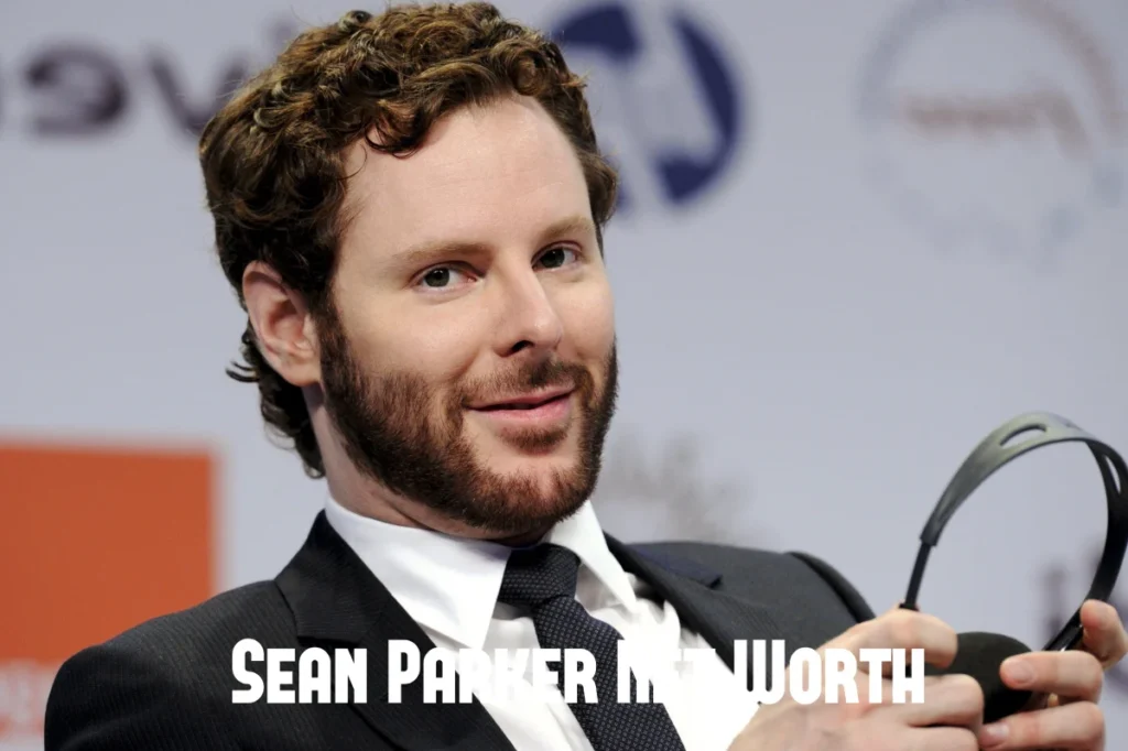 Entrepreneur Sean Parker smiling in a business suit with financial growth graphics, representing Sean Parker Net Worth and success story.
