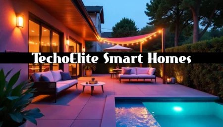 Luxury outdoor living area with pool and modern patio lighting showcasing TechoElite Smart Homes, blending smart technology with comfort and style.