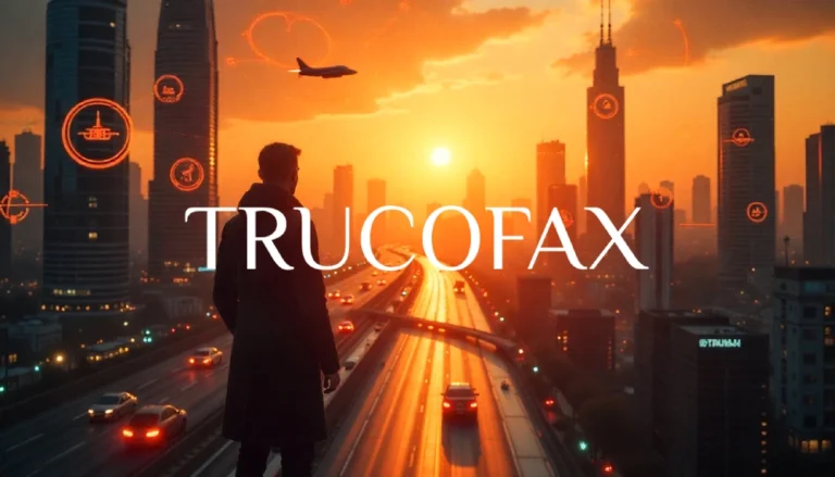 Futuristic cityscape at sunset with silhouette of person overlooking highway, featuring "TRUCOFAX" text overlay and digital interface elements representing modern productivity tools.Retry