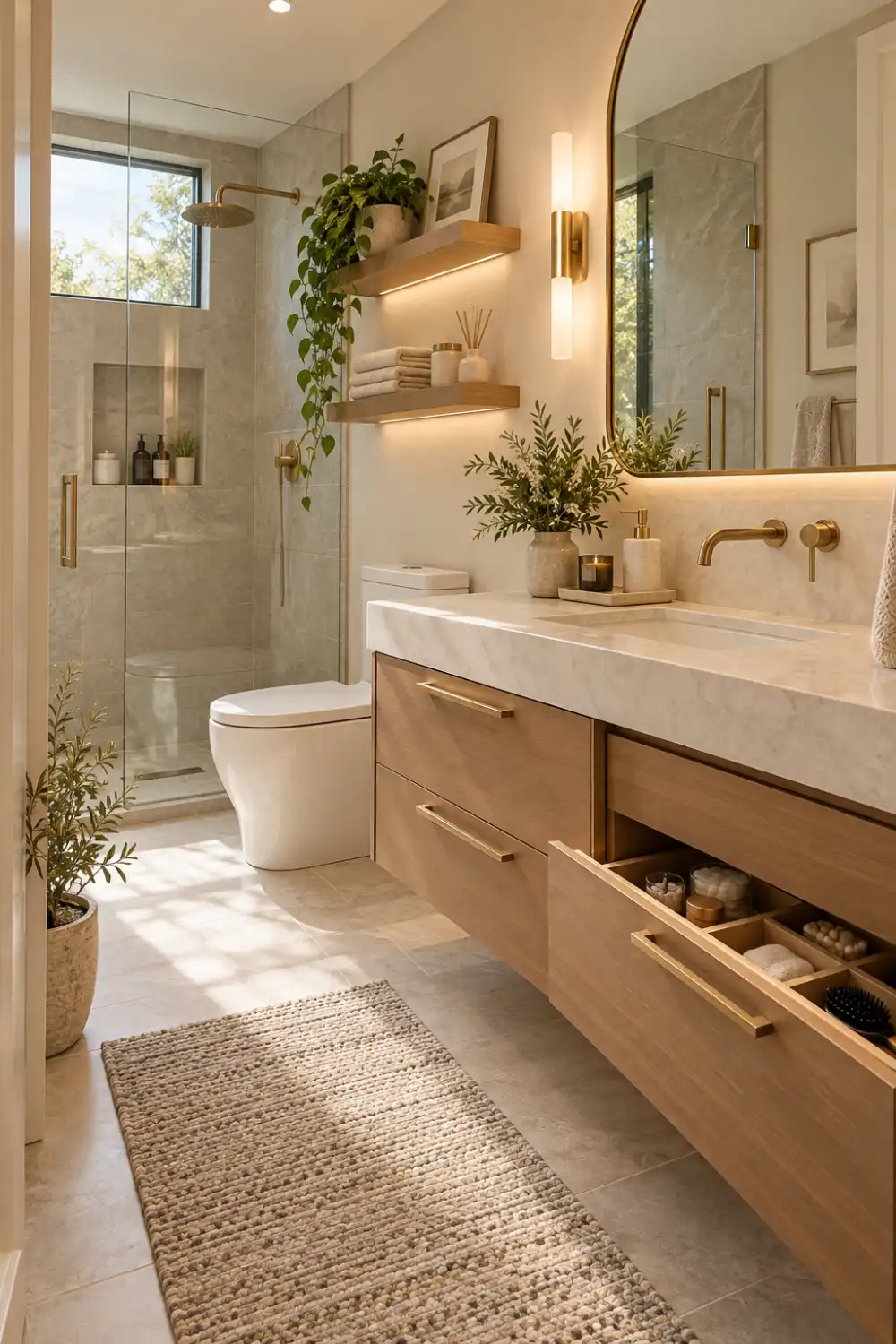 Small modern bathroom featuring a floating wood vanity cabinet with organized drawers, marble countertop, brass fixtures, arched mirror, and space-saving storage.