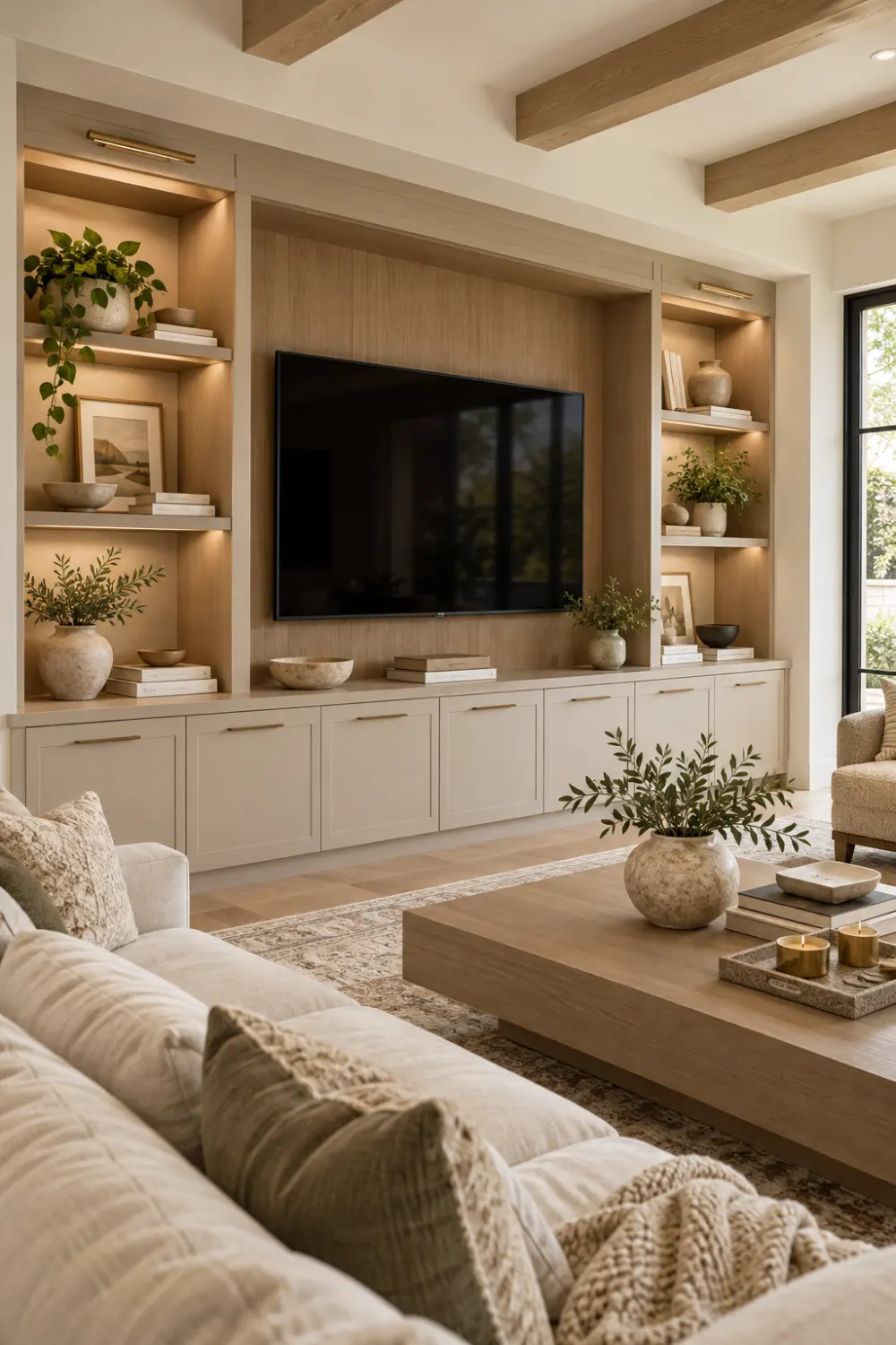 Modern living room featuring custom built-in media cabinets, closed lower storage, elegant open shelving, neutral decor, and a stylish media wall in a warm editorial interior.