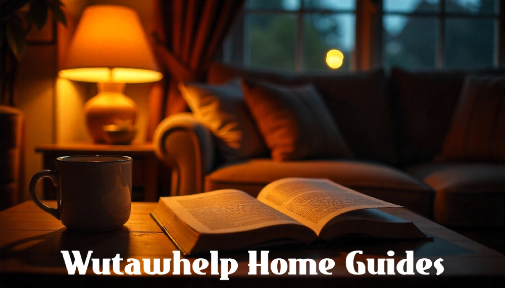 Cozy living room with a glowing lamp, coffee mug, and open book on a table, representing Wutawhelp Home Guides for easy DIY home repair and improvement.