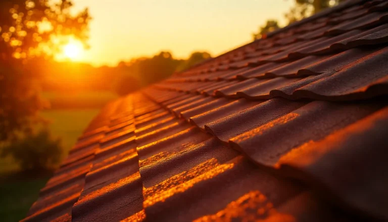 Close-up view of clay roof tiles illuminated by golden sunset light, showcasing professional roofing craftsmanship and materials.