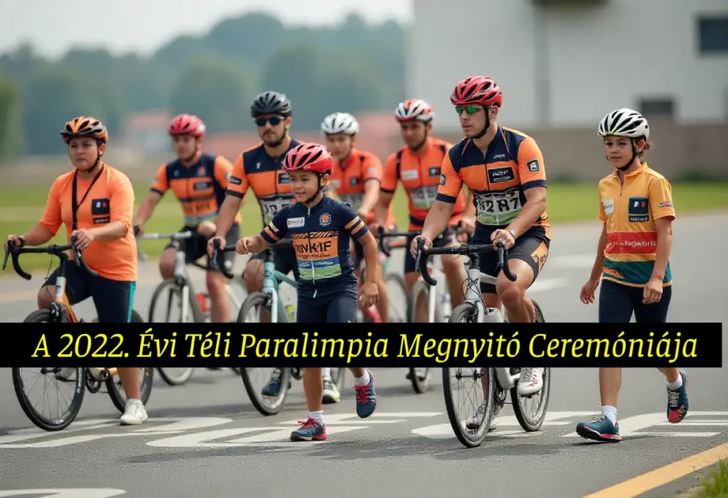 A 2022. évi téli paralimpia megnyitó ceremóniája - kerékpáros sportolók narancs-fekete mezben vonulnak fel a pekingi eseményen, szemléltetve a fogyatékossággal élő sportolók részvételét