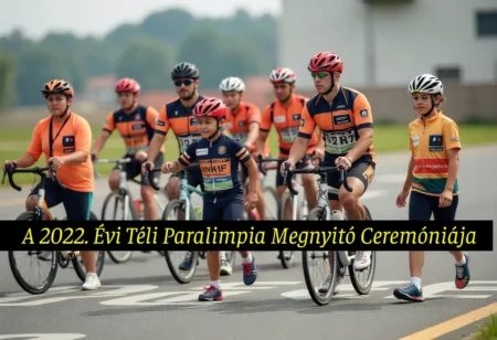 A 2022. Évi Téli Paralimpia Megnyitó Ceremóniája A 2022. évi téli paralimpia megnyitó ceremóniája - kerékpáros sportolók narancs-fekete mezben vonulnak fel a pekingi eseményen, szemléltetve a fogyatékossággal élő sportolók részvételét