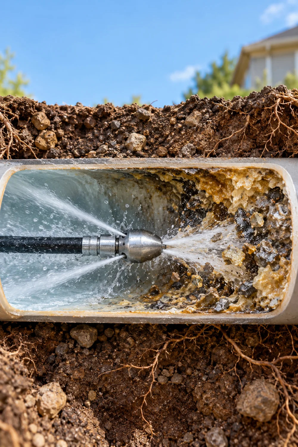 Cutaway sewer pipe showing a hydro jet nozzle using high-pressure water to remove grease, sludge, soap buildup, and mineral deposits.