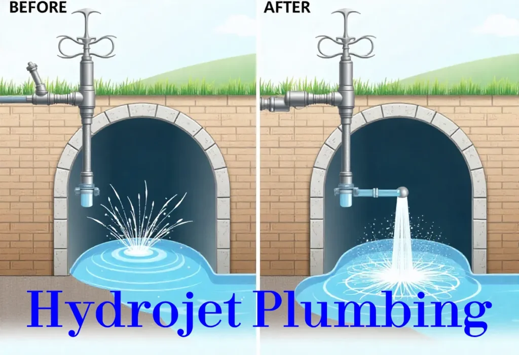 Professional plumber performing hydrojet plumbing to clear a clogged drain using high-pressure water jet equipment.