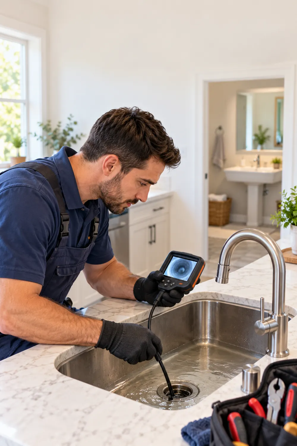 Professional plumber inspecting a slow-draining kitchen sink with a compact drain camera in a bright modern home, with standing water and another fixture visible in the background.