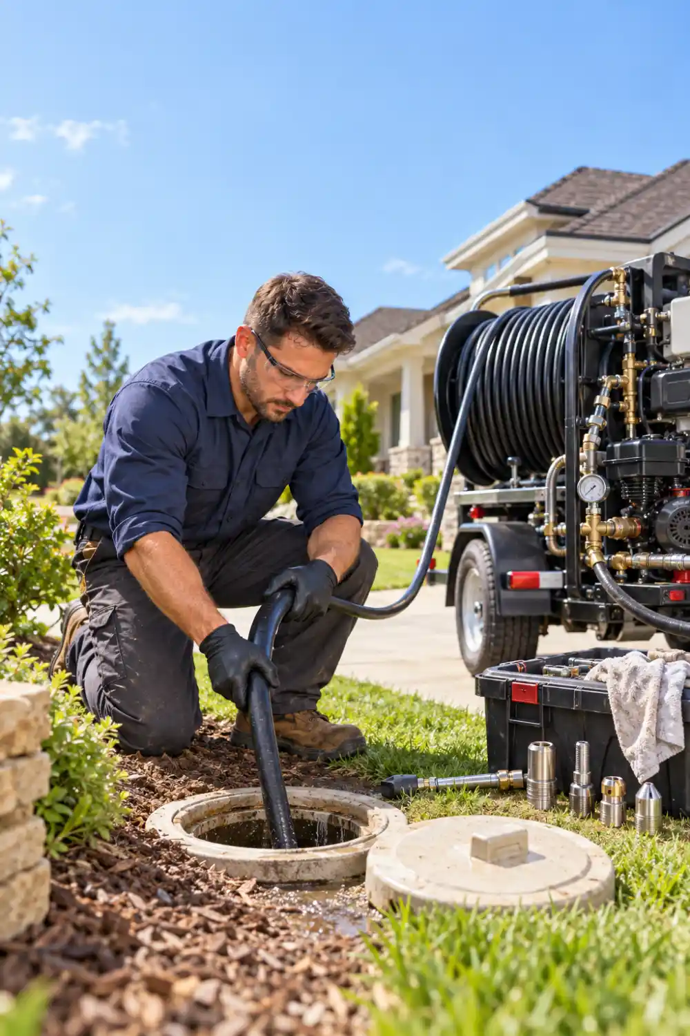 Professional plumber performing hydro jet drain cleaning at a residential property, feeding a high-pressure hose into a sewer cleanout beside a hydro jetting machine and hose reel.