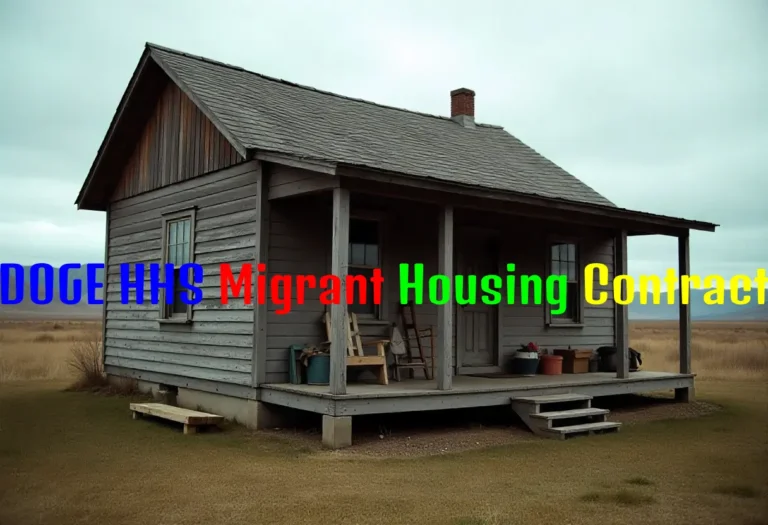 The DOGE HHS Migrant Housing Contract: A $18 Million Monthly Drama Illustration showing government officials reviewing documents about the doge hhs migrant housing contract and its migrant housing plans.