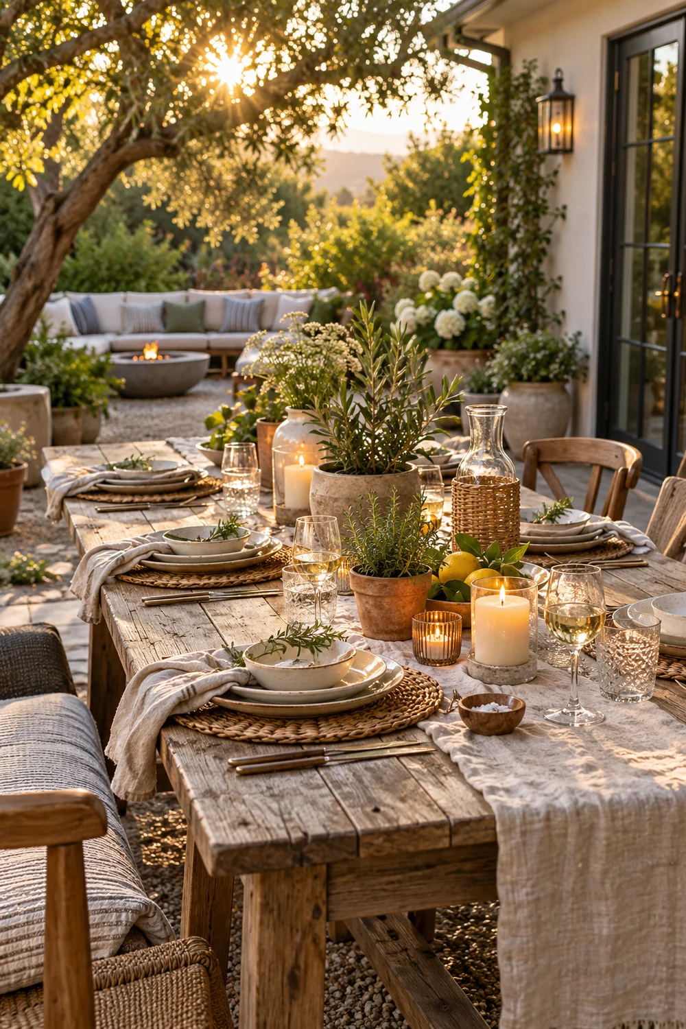 Layered outdoor table setting with neutral linen, woven placemats, herbs and candles