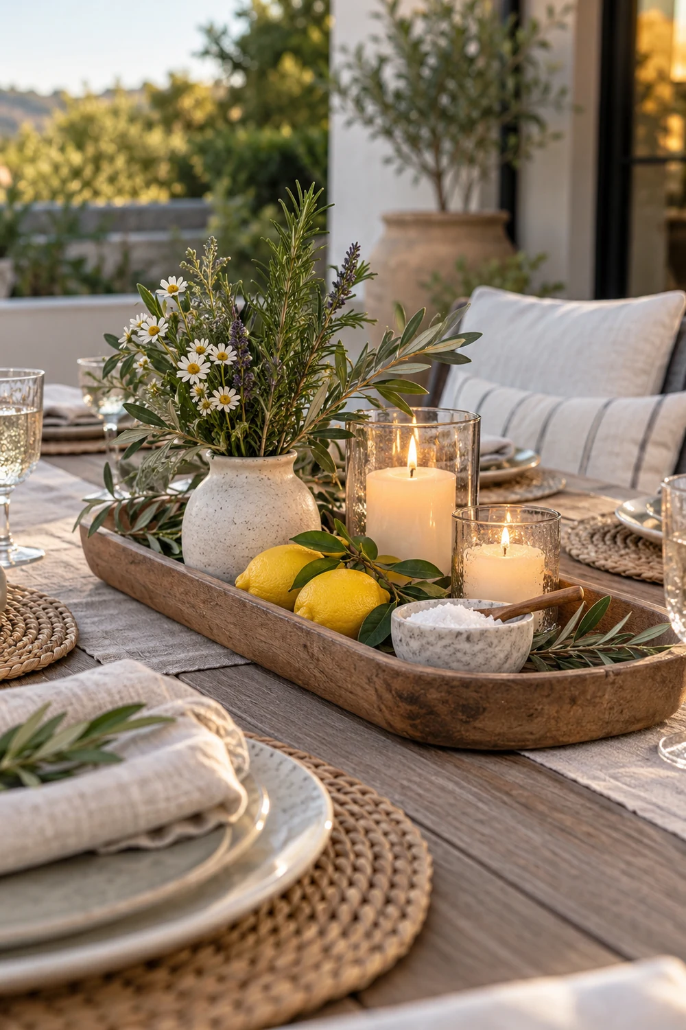 Low outdoor table centerpiece with candles, herbs, wildflowers and lemons