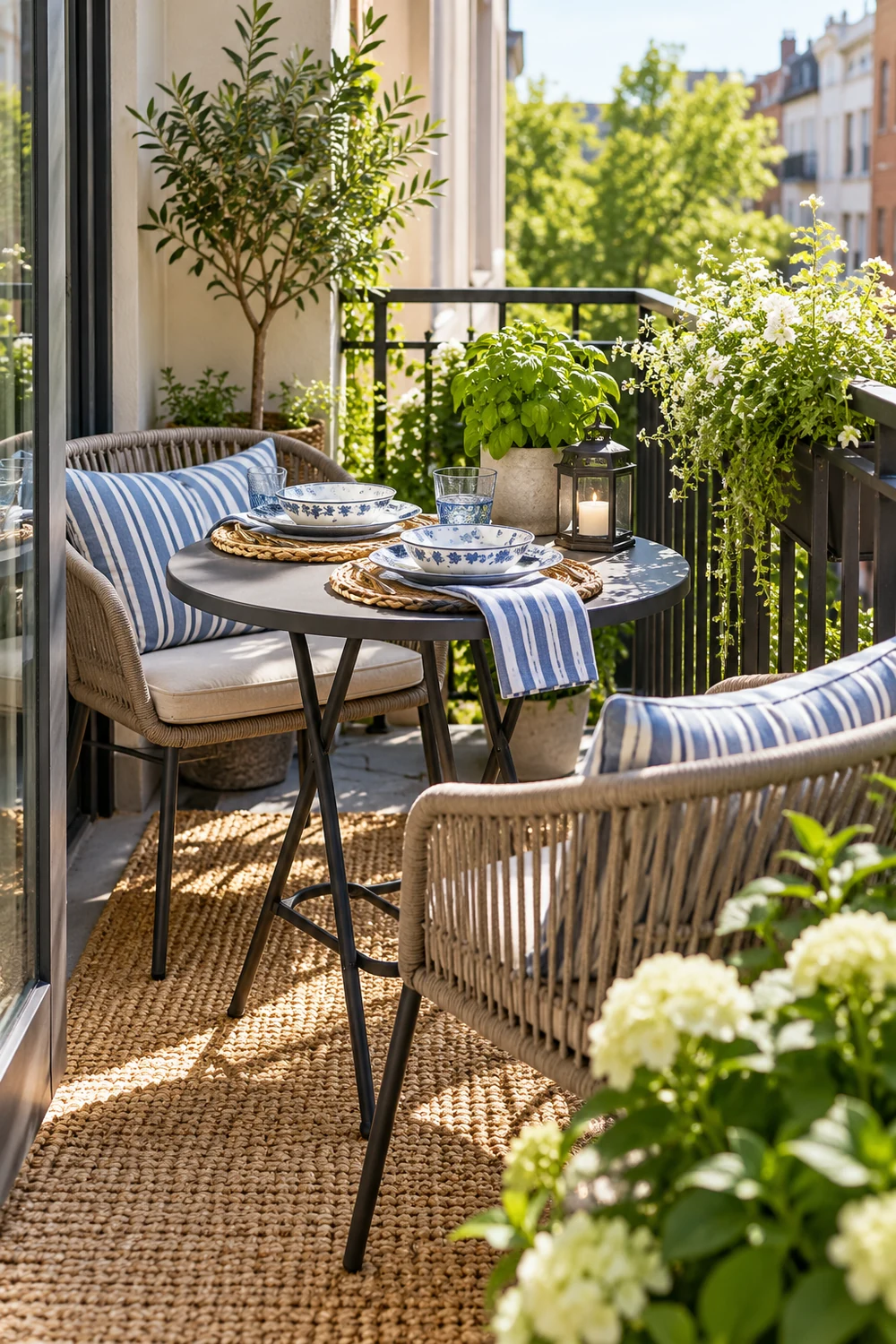 Small balcony table decor with blue and white dishes, herbs and a compact lantern