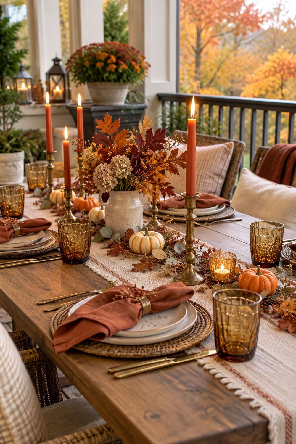 Fall outdoor table decor with rust napkins, brass candles, amber glasses and small pumpkins