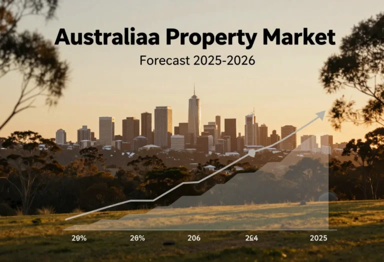 A modern city skyline and suburban homes representing rising trends in the Australian Property Market Forecast, matching the article’s title and introduction.
