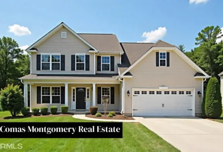 Professional team discussing property listings and auctions at Comas Montgomery Real Estate, highlighting trusted services for buyers and sellers.