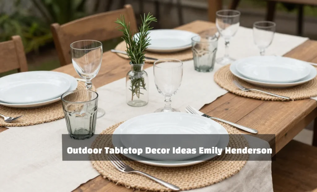 Outdoor tabletop decor ideas Emily Henderson with neutral linens fresh herbs candles golden hour patio dinner setting