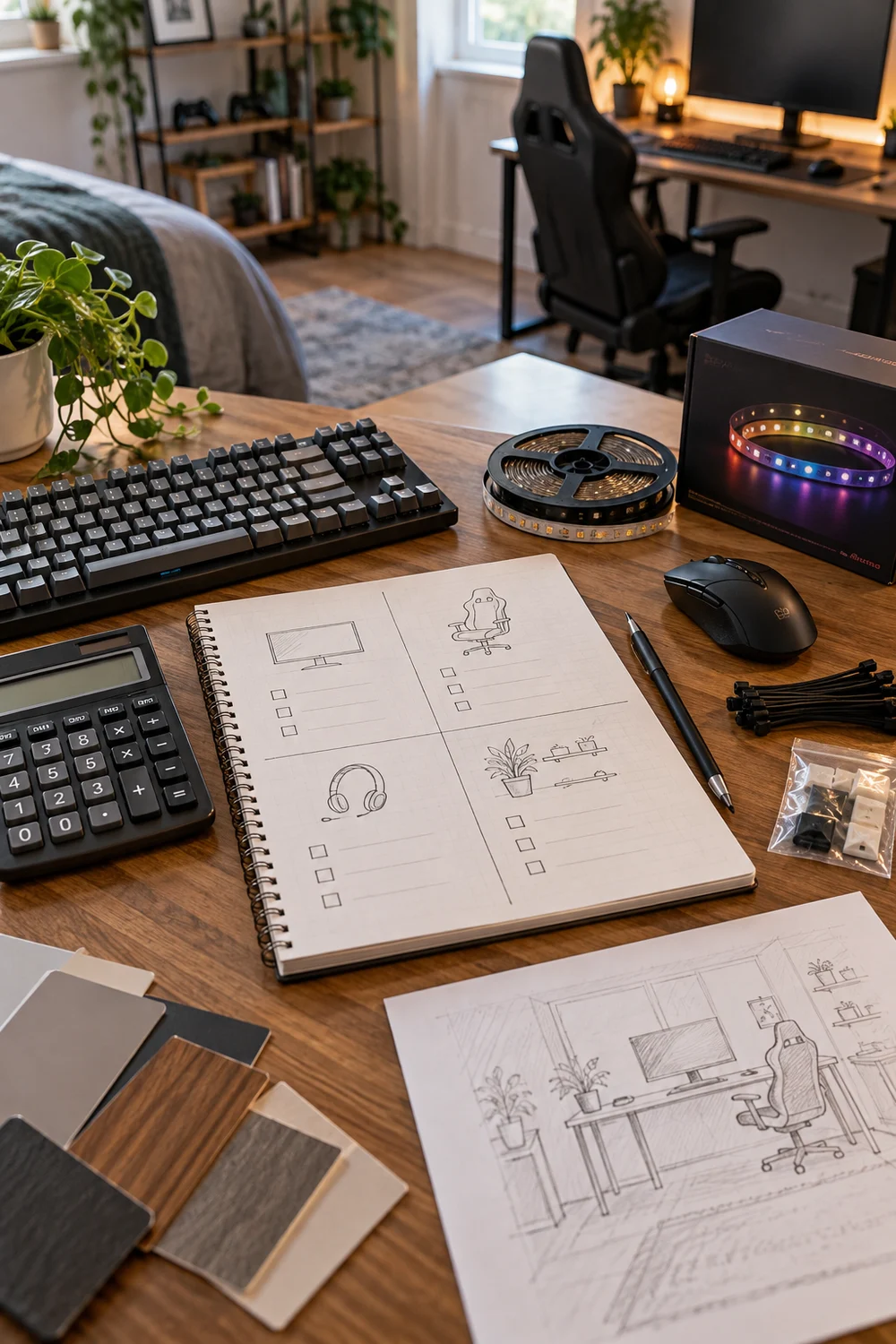 Budget gaming room cost plan split into furniture, lighting, cable storage, and decor categories
