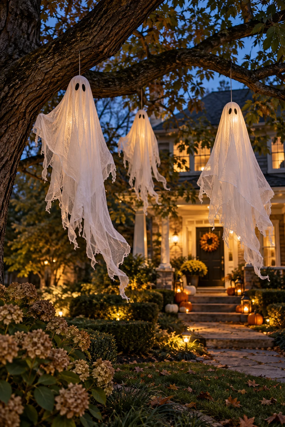 Cheesecloth ghosts hanging from front yard tree branches at dusk