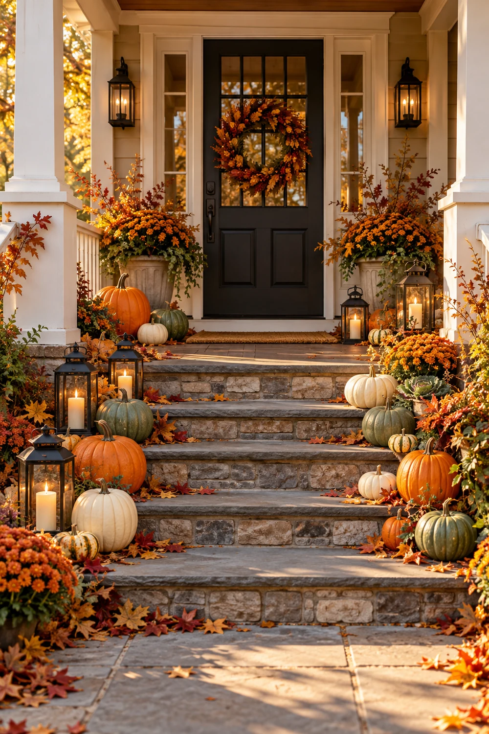 Layered pumpkin Halloween front porch with lanterns and a clear walkway
