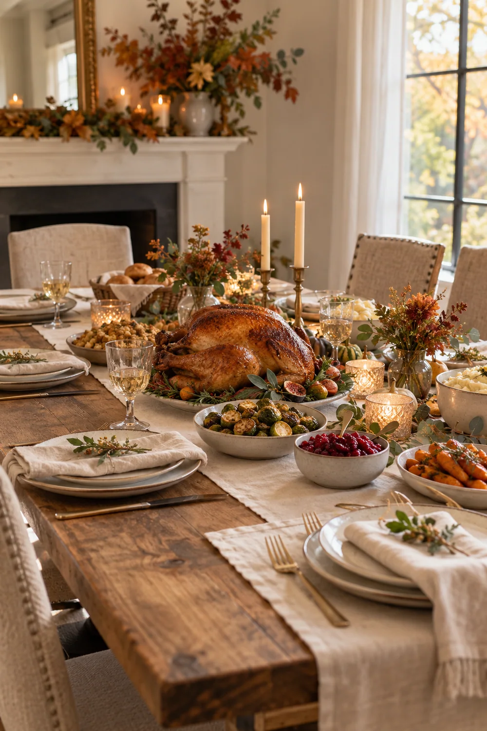 Linen runner on a warm Thanksgiving dining table