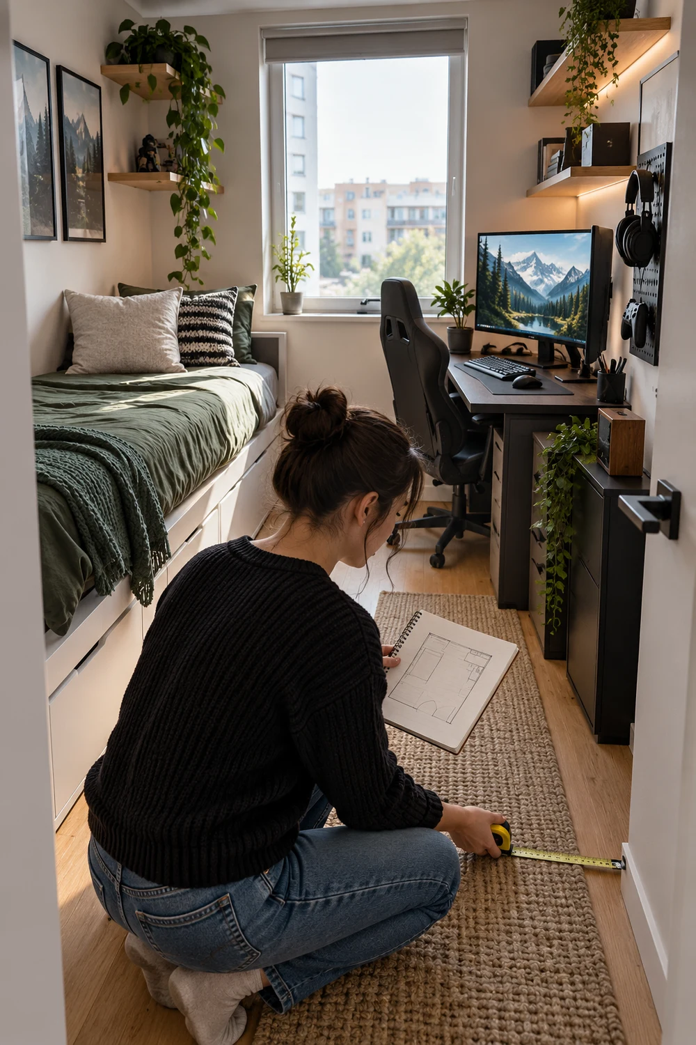 Measure the Room First and Mark the Dead Zones Homeowner measuring a small bedroom before planning a compact gaming setup