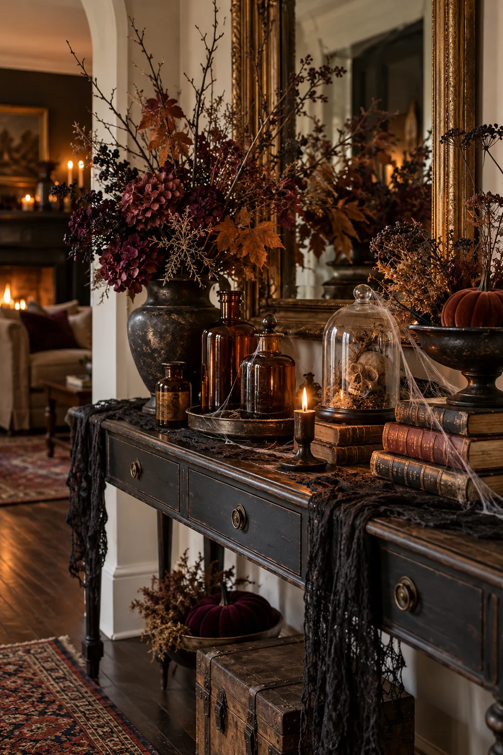Moody Halloween Apothecary Display Moody apothecary console table with amber bottles, old books, dried flowers, and candles