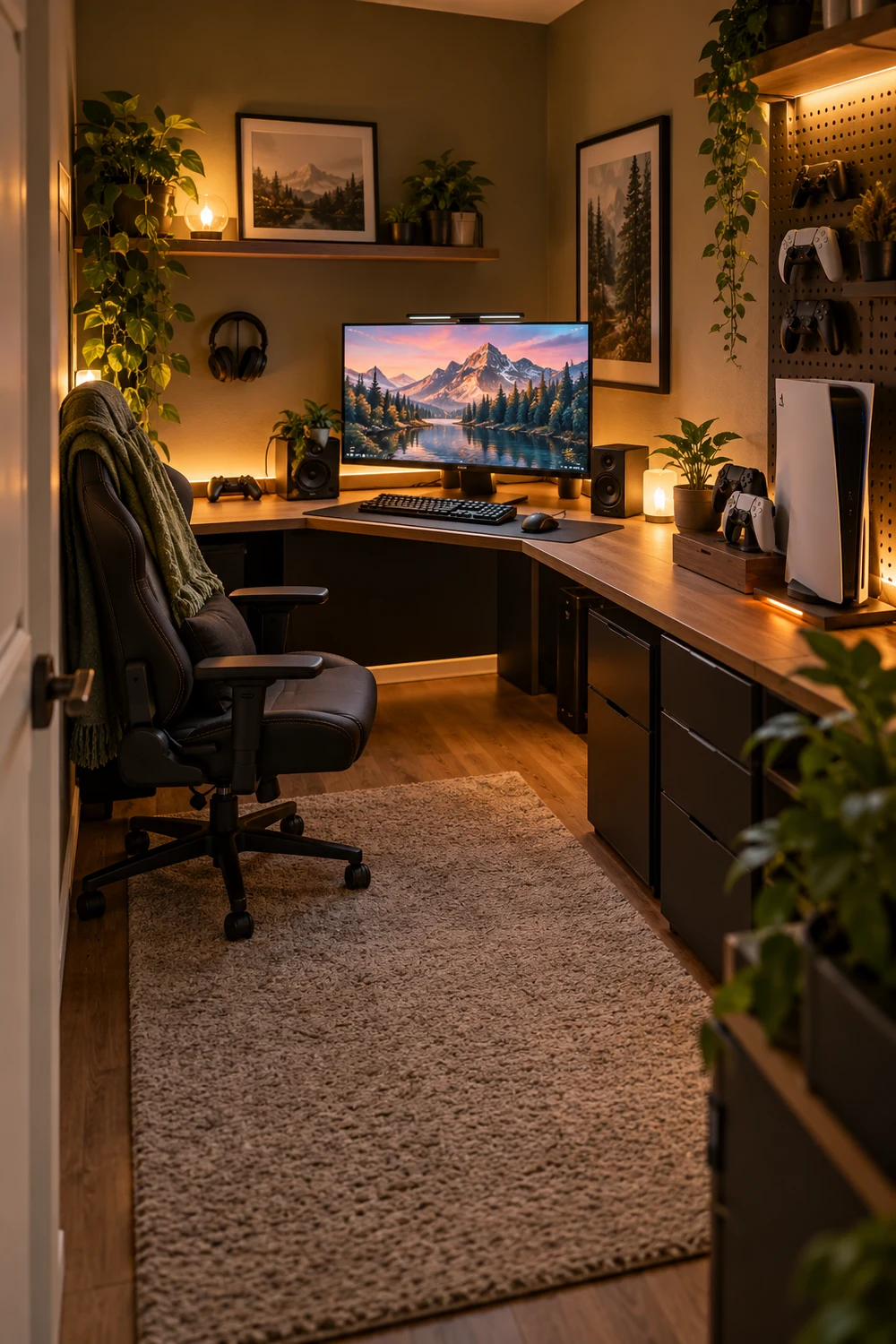 Pick a Corner Desk Instead of a Straight One L-shaped corner desk maximizing space in a small gaming room