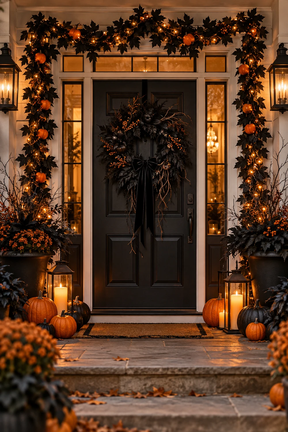 Black Halloween garland and wreath framing a warmly lit front door