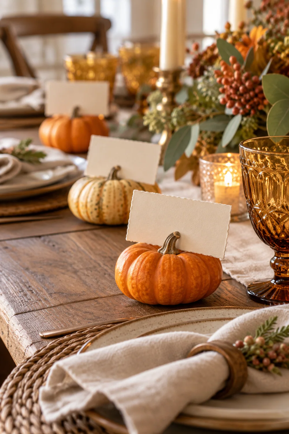 Mini pumpkin place card holders at a Thanksgiving table