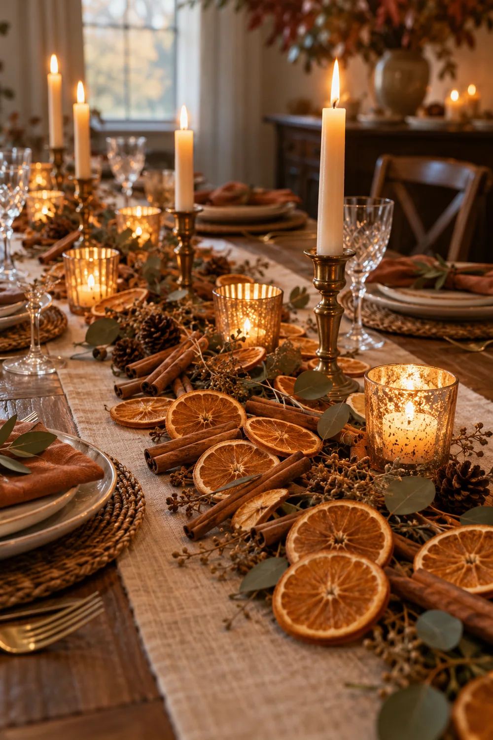 Dried orange slices and cinnamon sticks arranged as Thanksgiving table décor