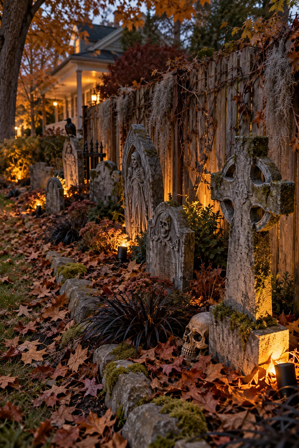 DIY foam headstone graveyard arranged along a fence with autumn leaves