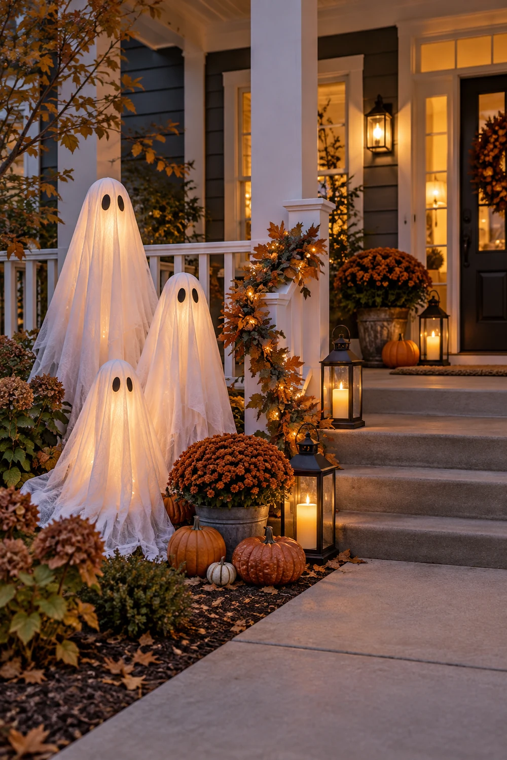 Three friendly glowing ghost decorations beside a family front porch