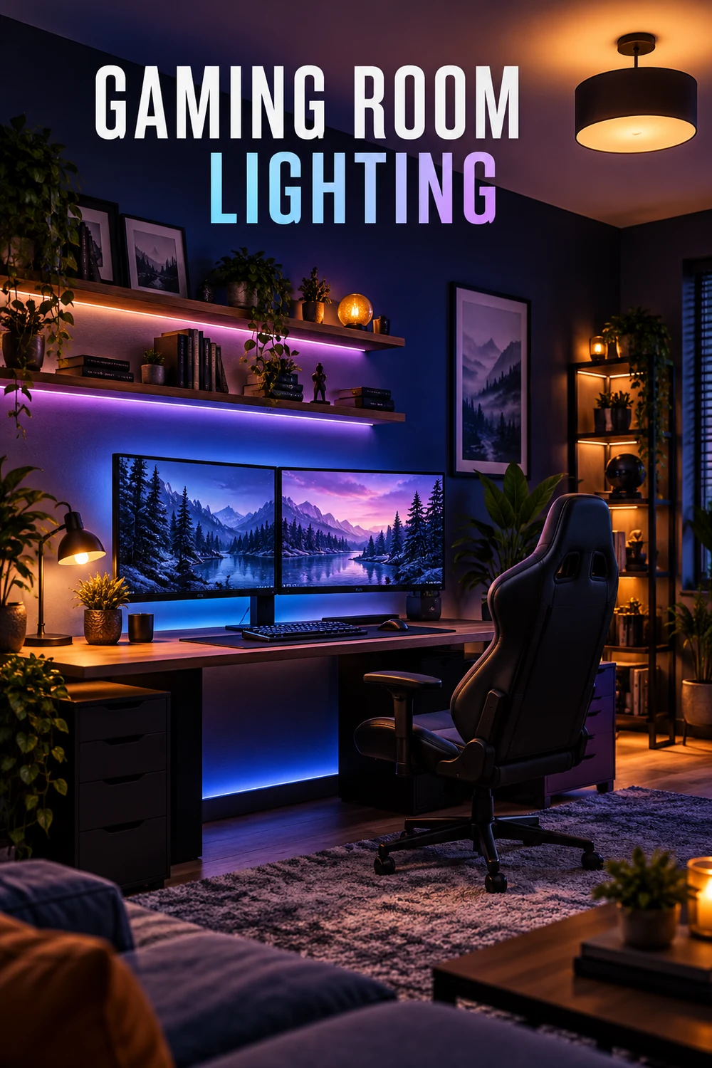 Gaming room with monitor bias lighting, warm lamps and subtle RGB accents