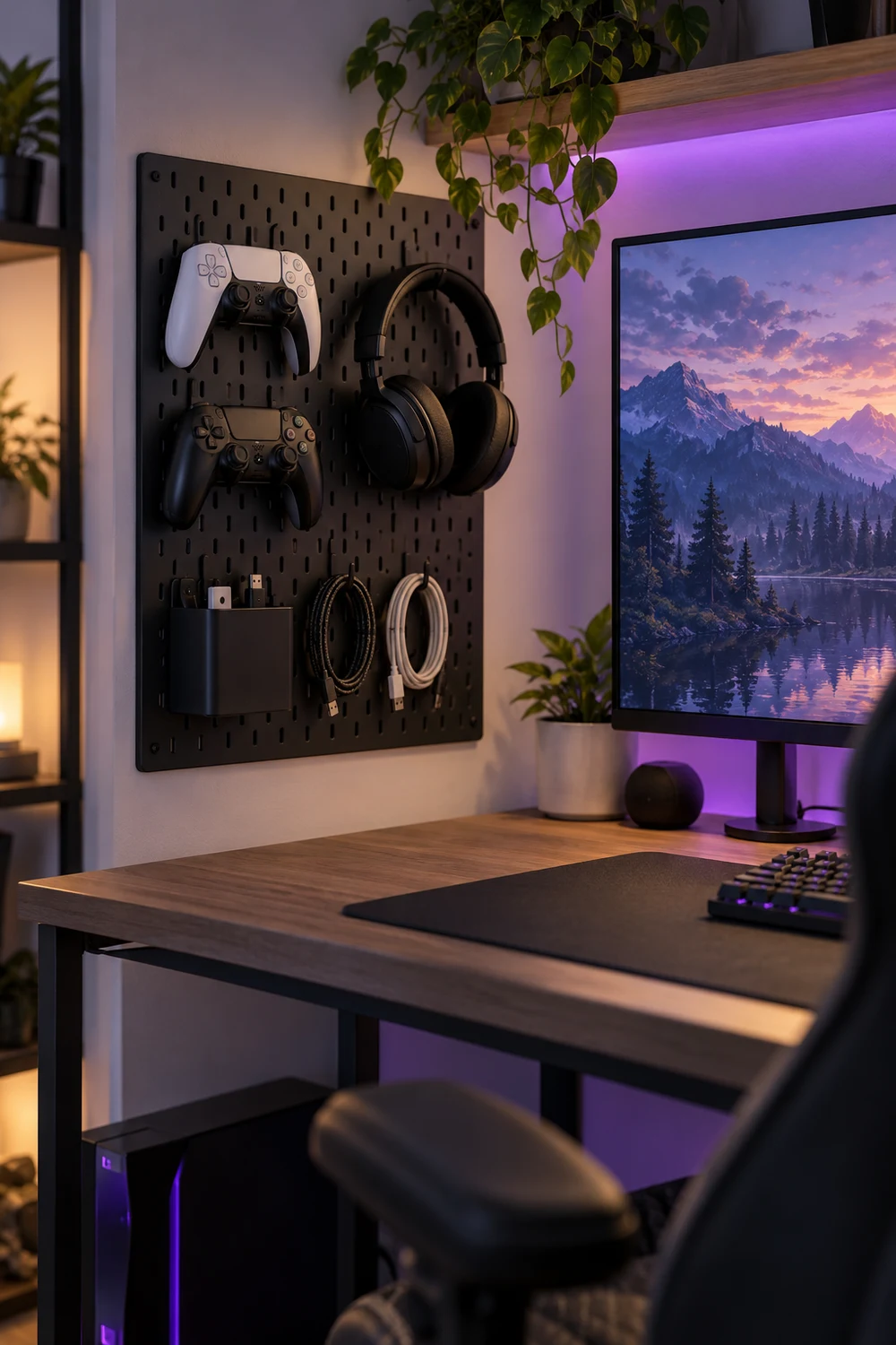 Go Vertical With a Wall Grid for Controllers and Headsets Wall pegboard organizing controllers, headset and charging cables beside a gaming desk
