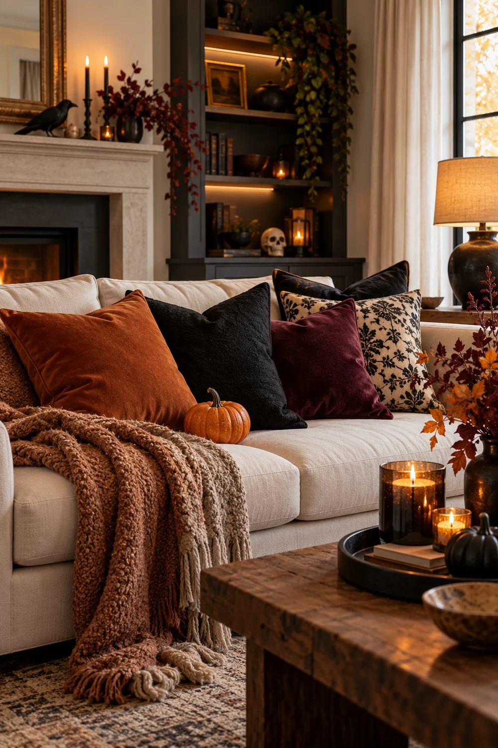Rust Black and Plum Halloween Pillows Stylish living room with rust, black, and plum Halloween throw pillows