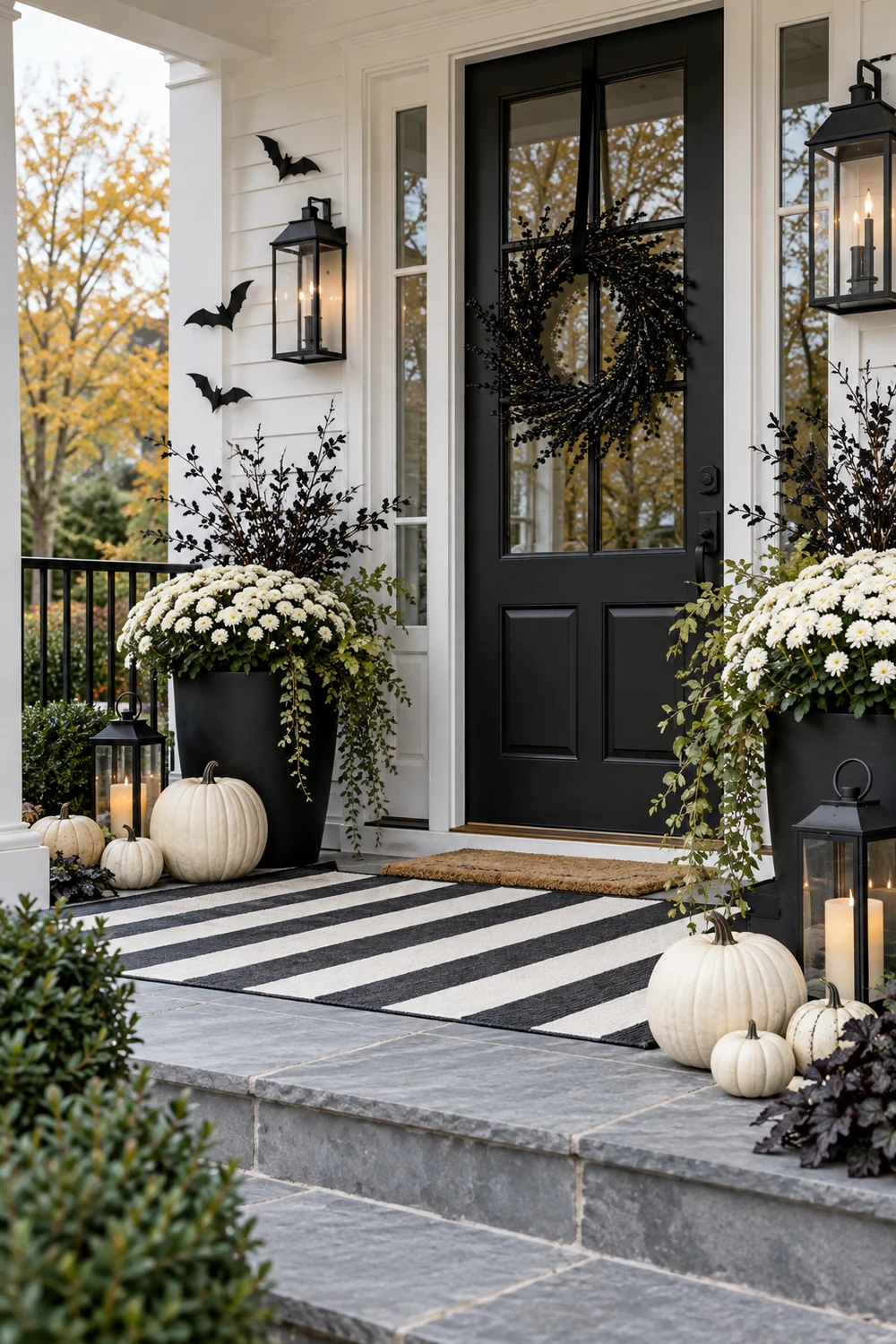 Modern black and white Halloween porch with white pumpkins and bat accents