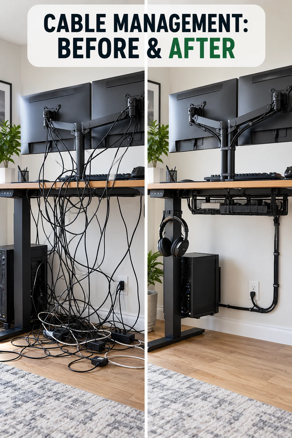Before-and-after comparison of messy and professionally organized gaming desk cables