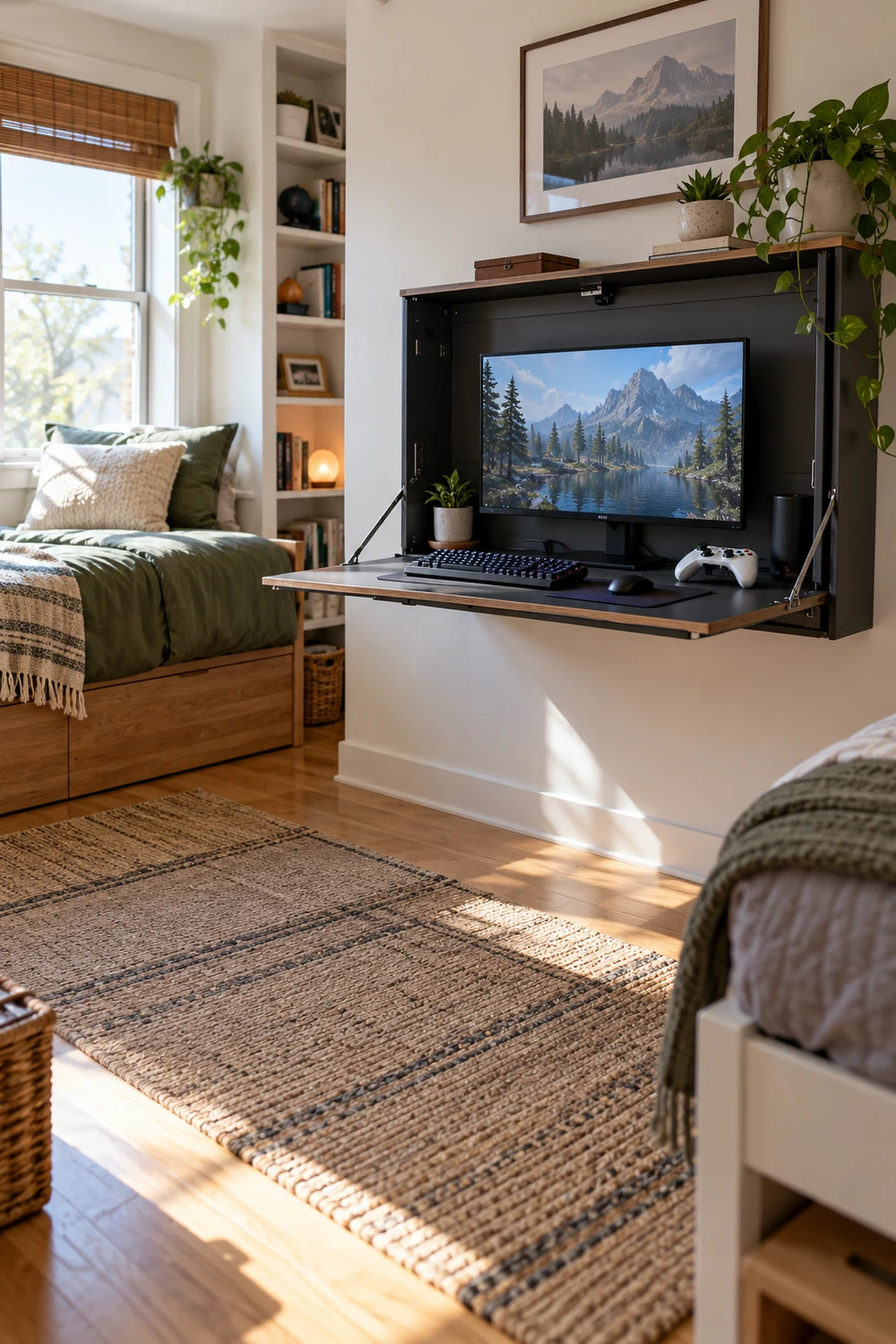Use a Wall-Mounted Fold-Down Desk in a Shared Room Wall-mounted fold-down gaming desk in a shared bedroom