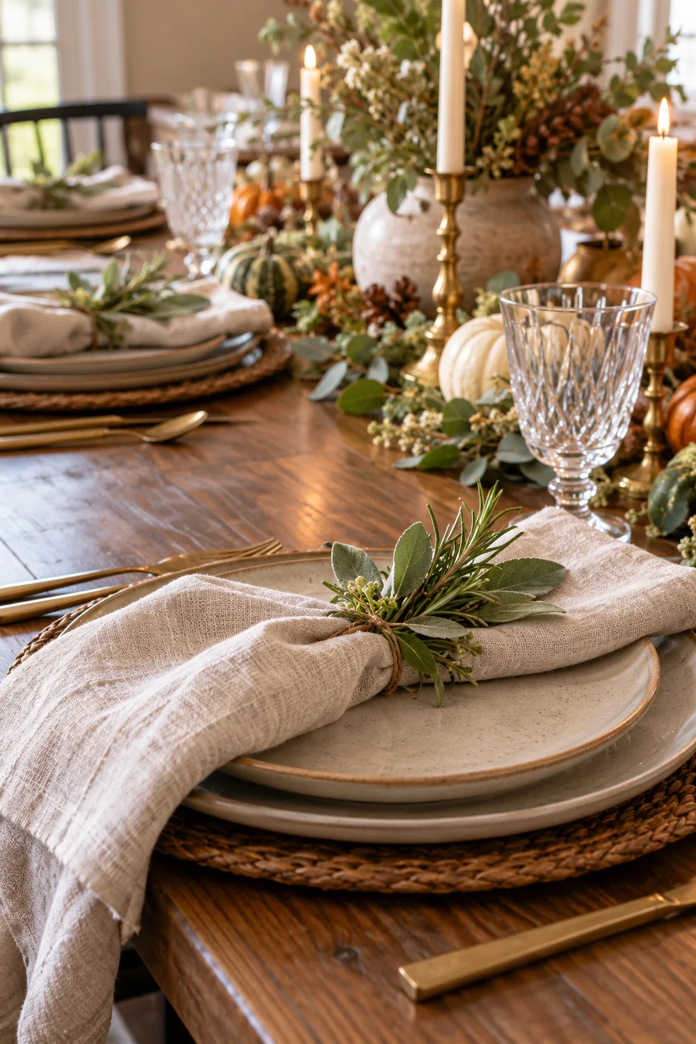 Fresh herb sprig tucked into a folded linen napkin