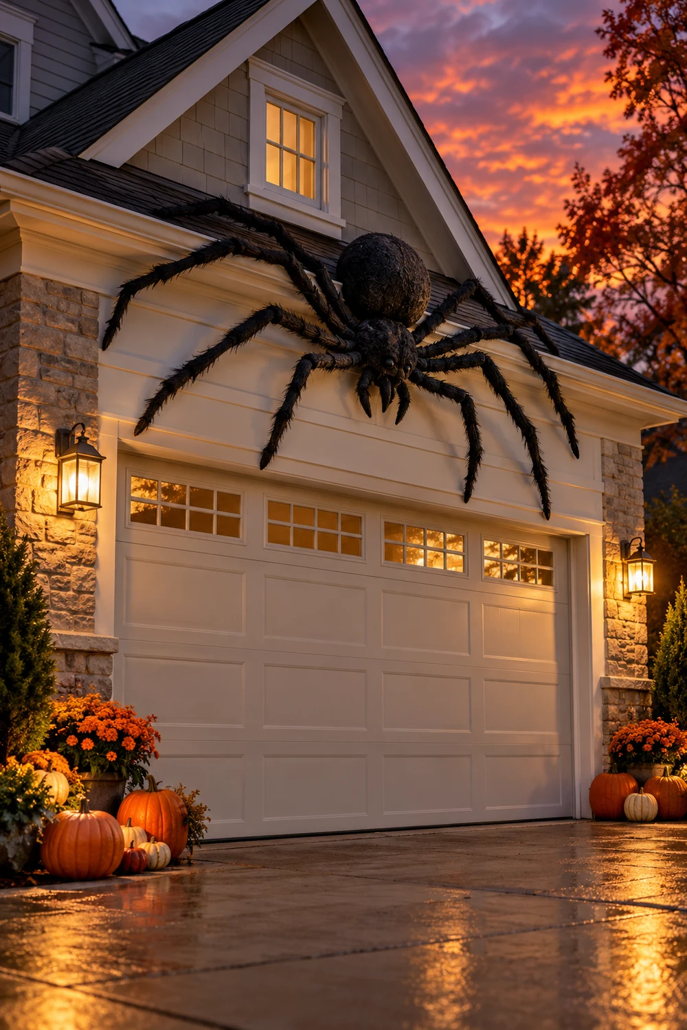 Giant black spider mounted above a suburban garage door at sunset