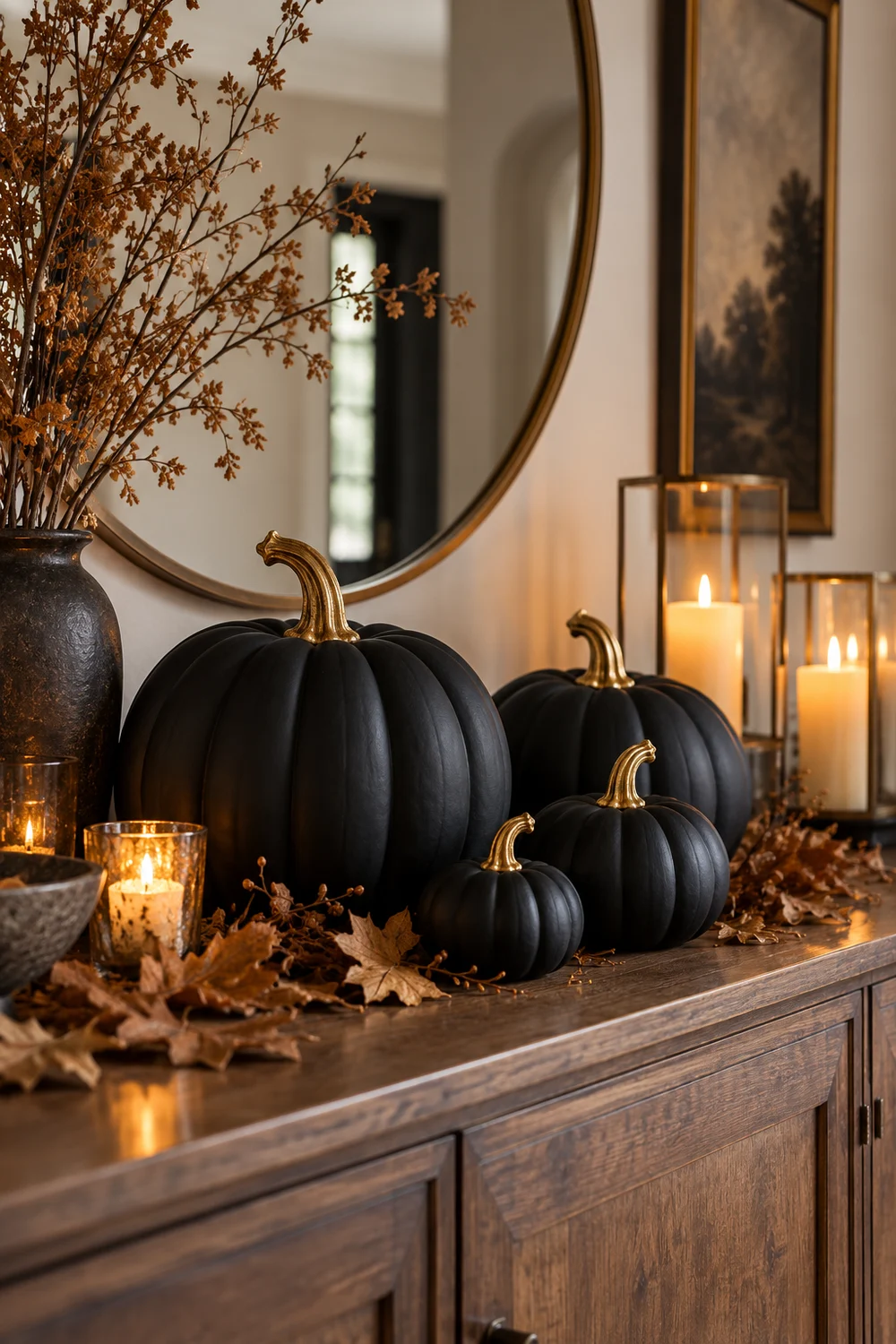 Matte Black Pumpkins With Gold Stems Matte black craft pumpkins with elegant gold stems on a candlelit sideboard